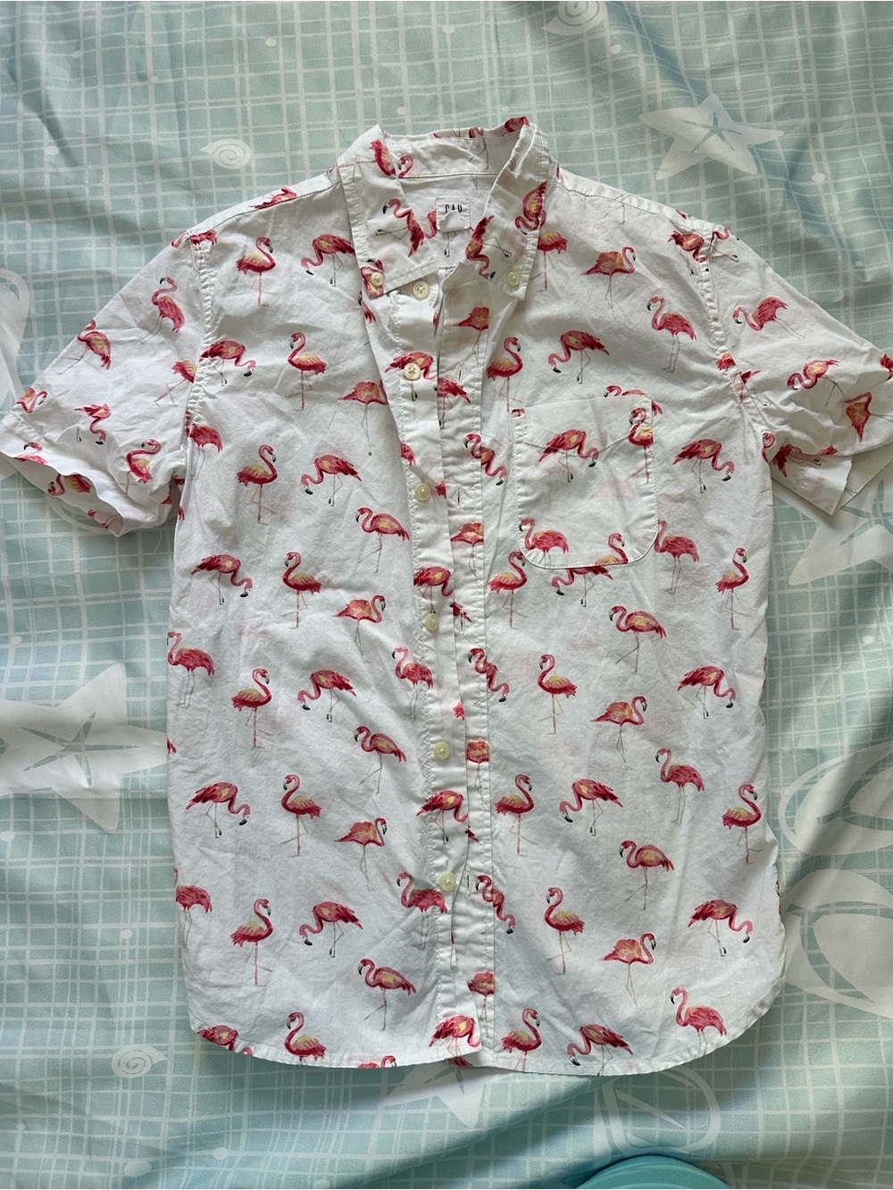 GAP White Short-Sleeve Button-Down Shirt with Pink Flamingo Print